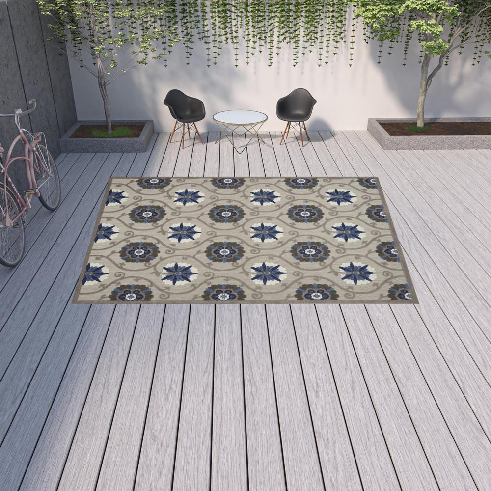 10' X 13' Grey And Blue Floral Non Skid Indoor Outdoor Area Rug. Picture 2