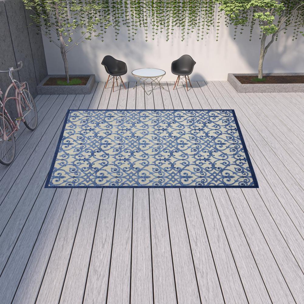 10' X 13' Grey And Blue Damask Non Skid Indoor Outdoor Area Rug. Picture 2