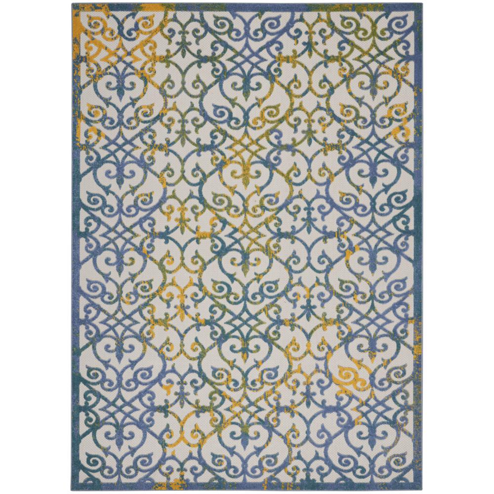 12' X 15' Ivory And Blue Damask Non Skid Indoor Outdoor Area Rug. Picture 1