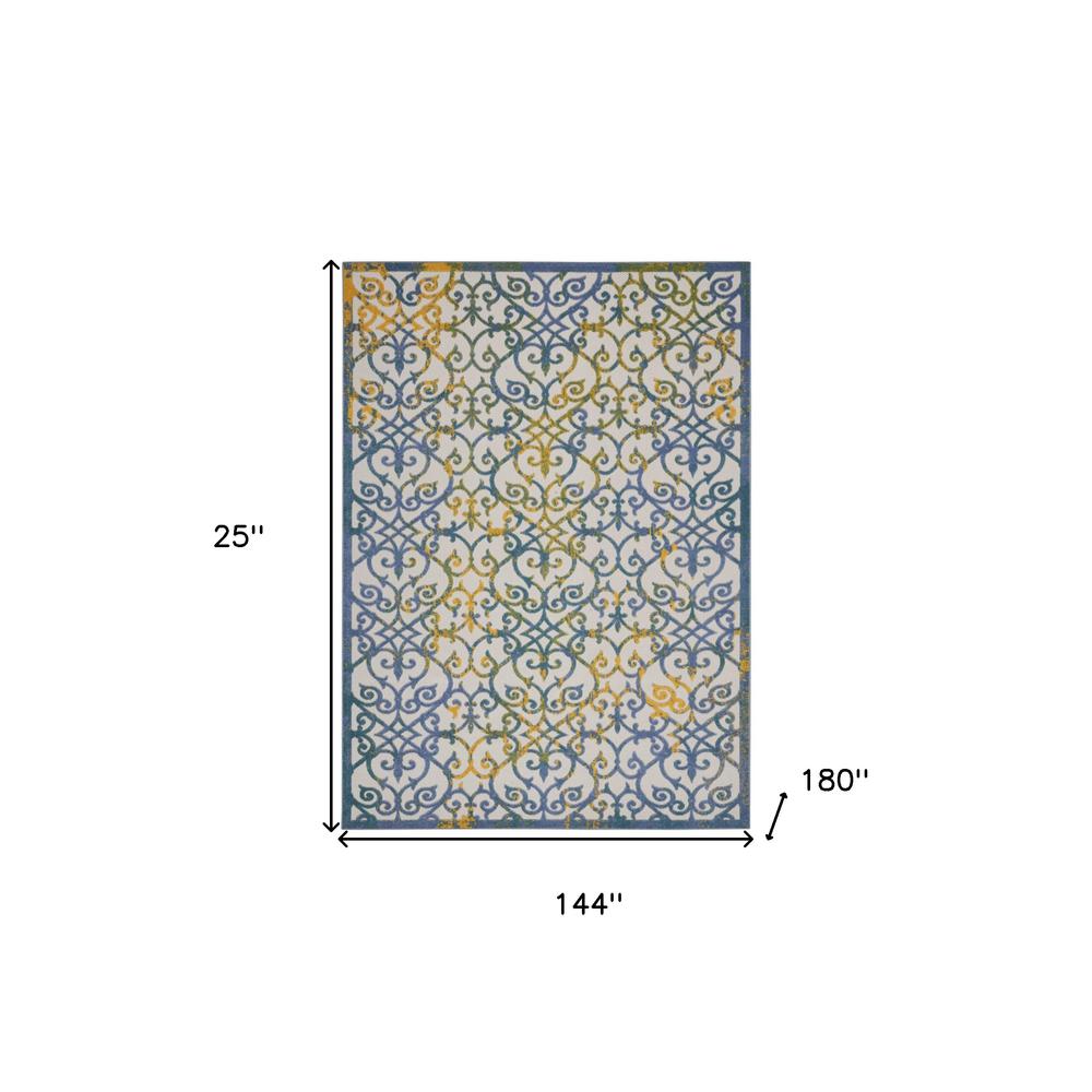 12' X 15' Ivory And Blue Damask Non Skid Indoor Outdoor Area Rug. Picture 5
