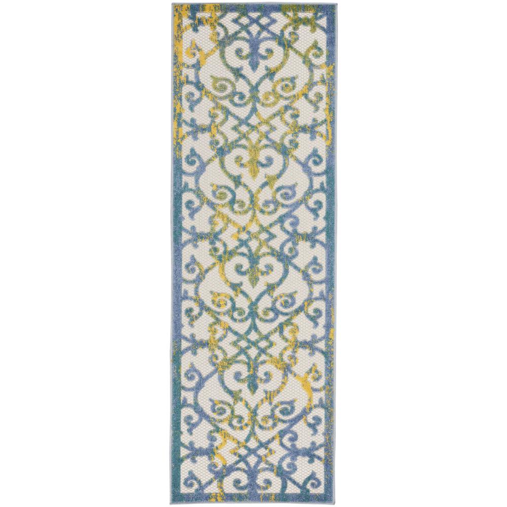 2' X 6' Ivory And Blue Damask Non Skid Indoor Outdoor Runner Rug. Picture 1