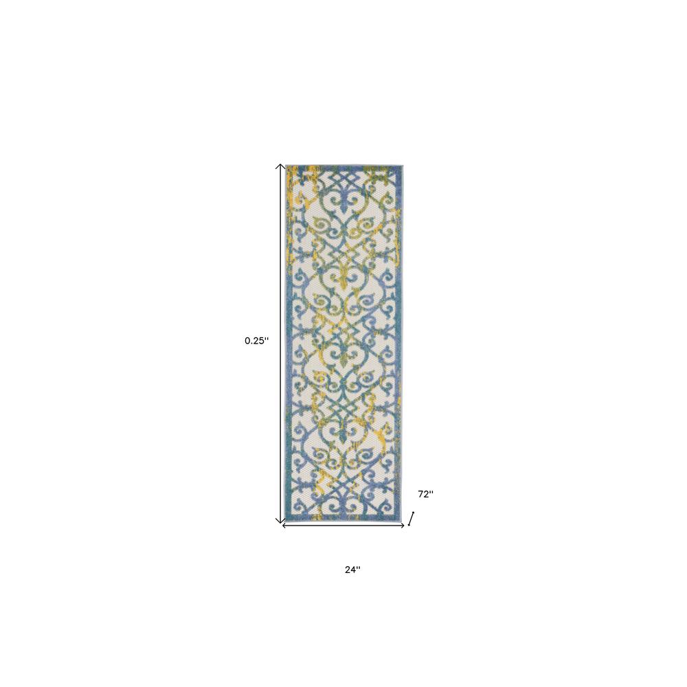 2' X 6' Ivory And Blue Damask Non Skid Indoor Outdoor Runner Rug. Picture 5