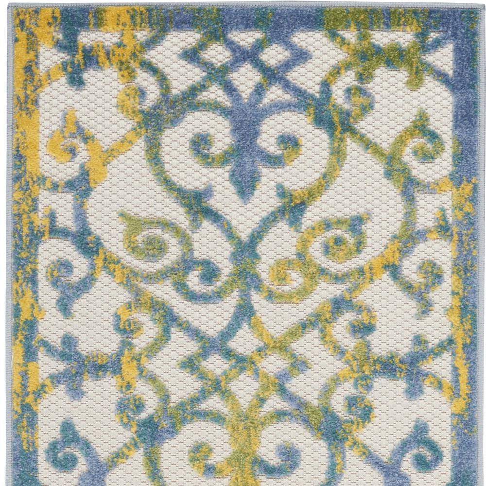 2' X 6' Ivory And Blue Damask Non Skid Indoor Outdoor Runner Rug. Picture 4