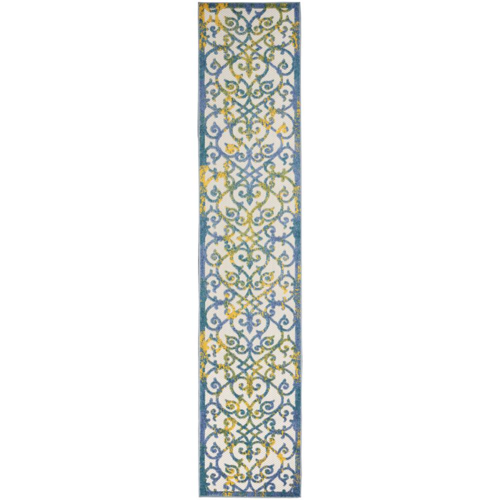 2' X 10' Ivory And Blue Damask Non Skid Indoor Outdoor Runner Rug. Picture 1