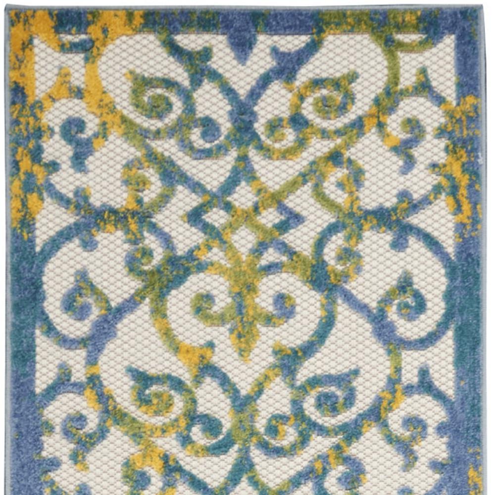2' X 10' Ivory And Blue Damask Non Skid Indoor Outdoor Runner Rug. Picture 4