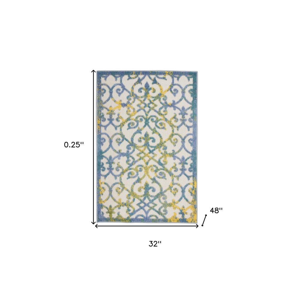3' X 4' Ivory And Blue Damask Non Skid Indoor Outdoor Area Rug. Picture 5