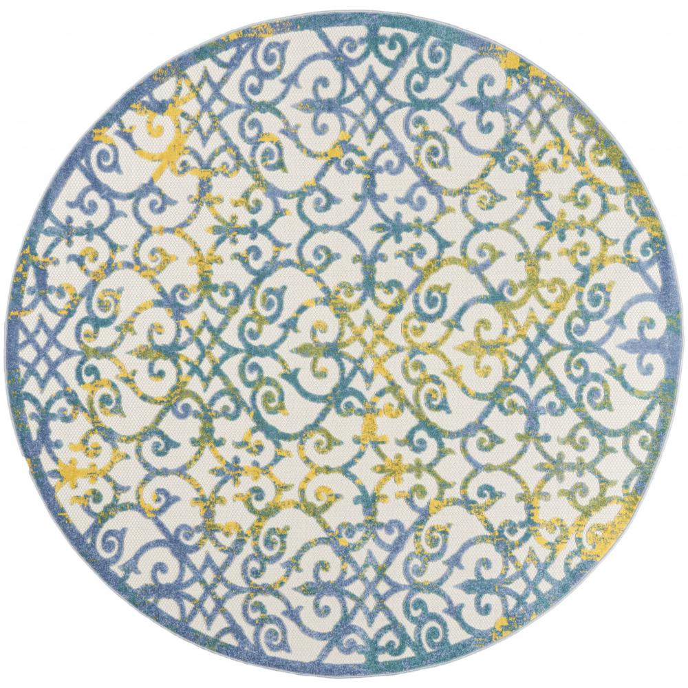 8' X 8' Ivory And Blue Round Damask Non Skid Indoor Outdoor Area Rug. Picture 1