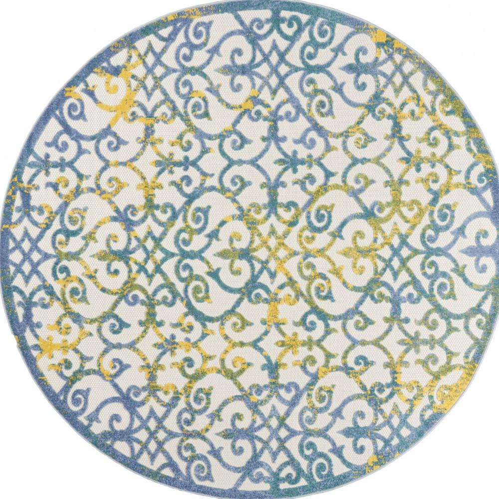 8' X 8' Ivory And Blue Round Damask Non Skid Indoor Outdoor Area Rug. Picture 4