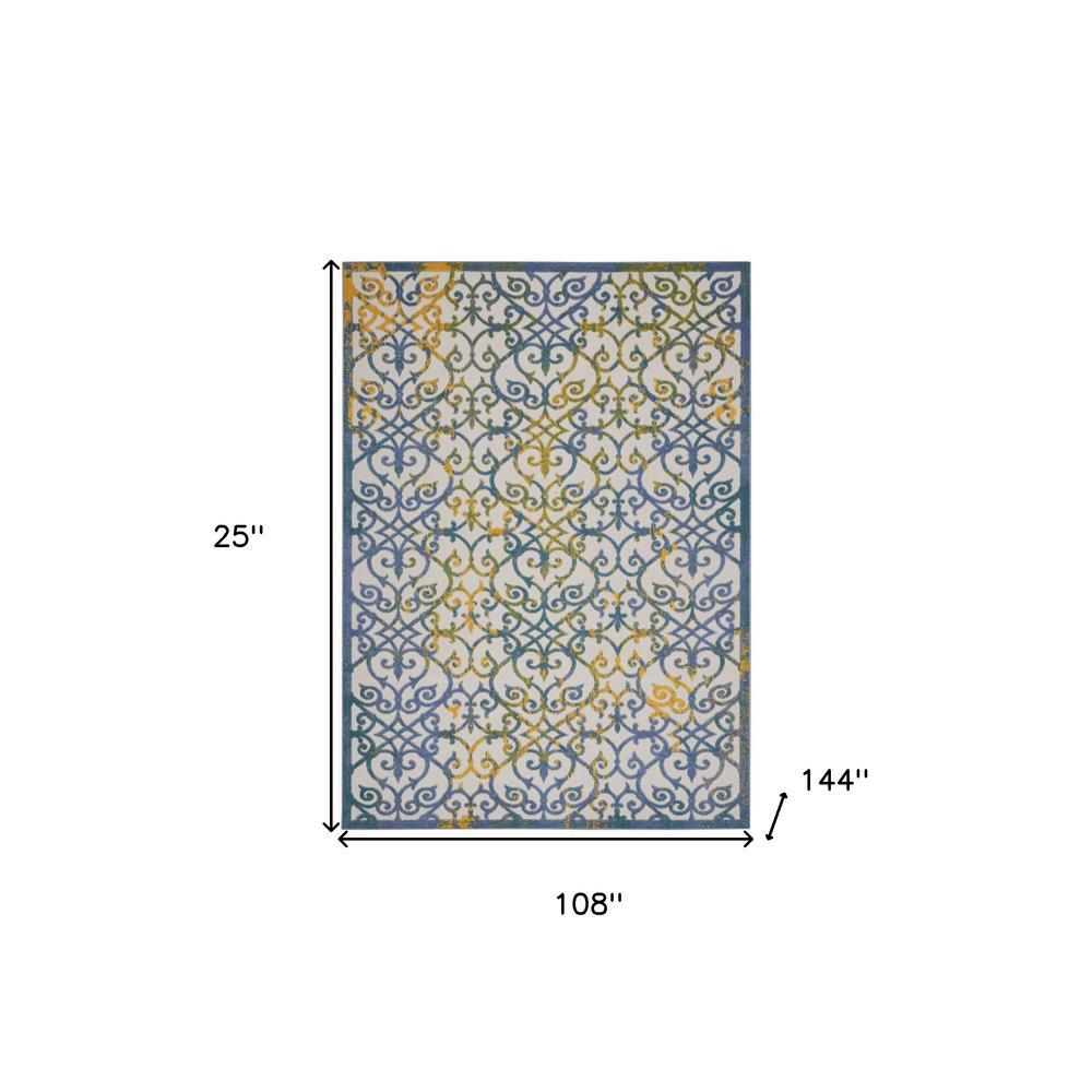 9' X 12' Ivory And Blue Damask Non Skid Indoor Outdoor Area Rug. Picture 5