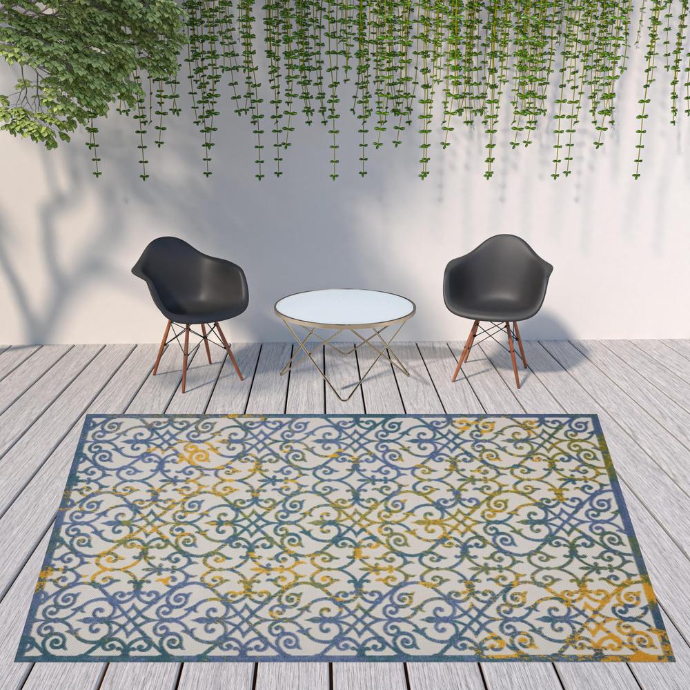 9' X 12' Ivory And Blue Damask Non Skid Indoor Outdoor Area Rug. Picture 2