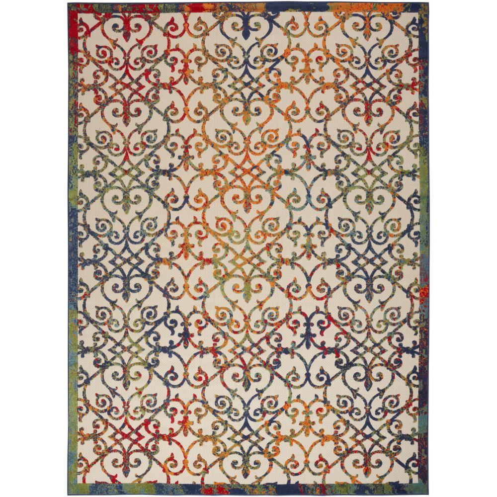 9' X 12' Ivory Blue And Green Damask Non Skid Indoor Outdoor Area Rug. Picture 1