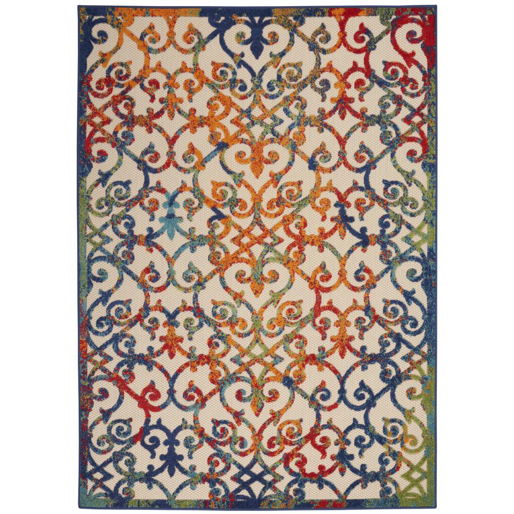 10' X 13' Ivory Blue And Green Damask Non Skid Indoor Outdoor Area Rug. Picture 1