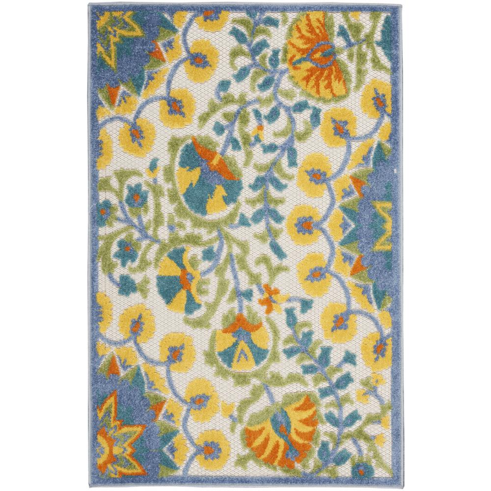 3' X 4' Yellow And Teal Toile Non Skid Indoor Outdoor Area Rug. Picture 1