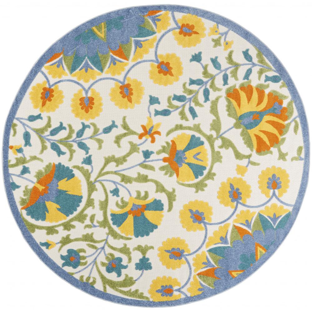 8' X 8' Blue Yellow And White Round Toile Non Skid Indoor Outdoor Area Rug. Picture 1