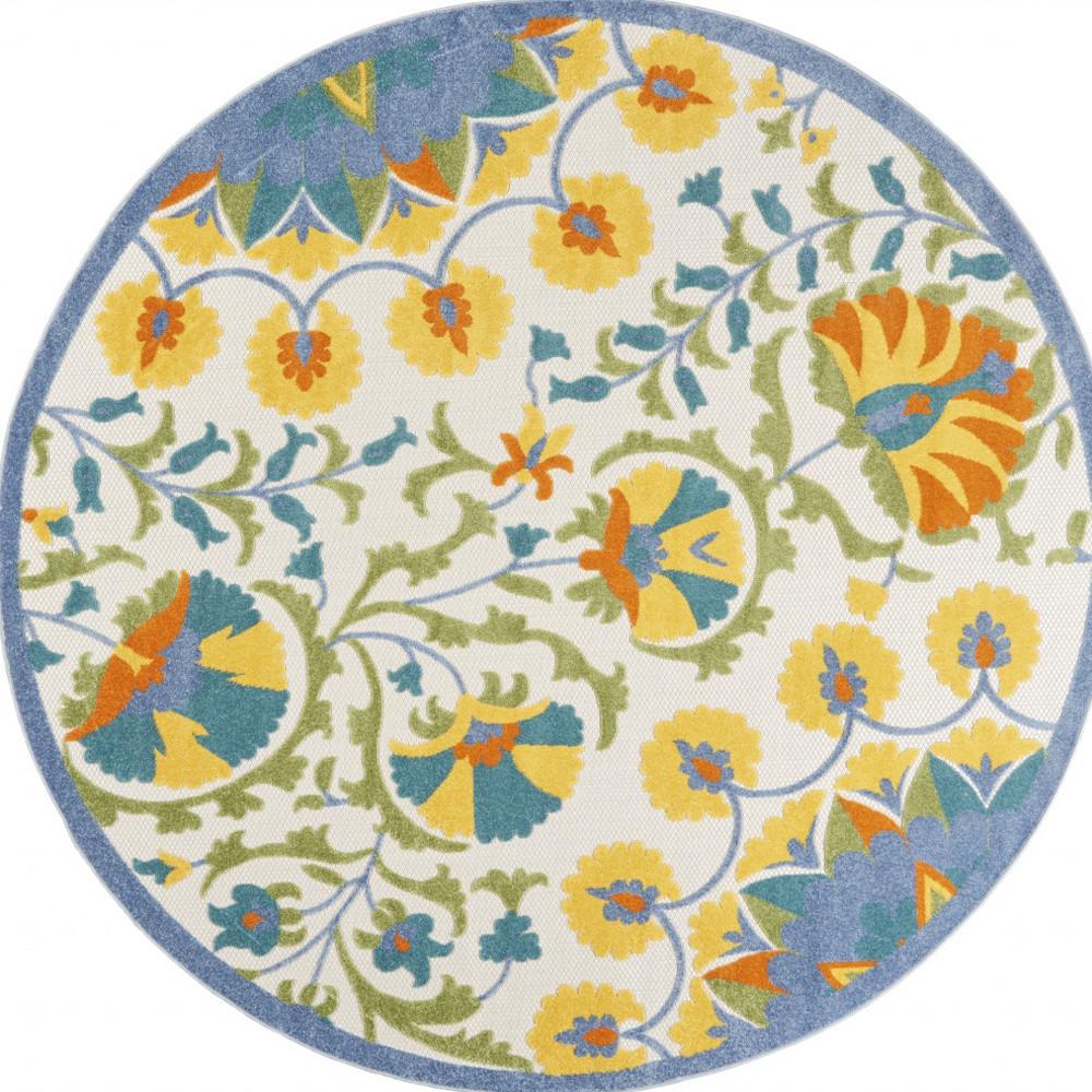 8' X 8' Blue Yellow And White Round Toile Non Skid Indoor Outdoor Area Rug. Picture 4