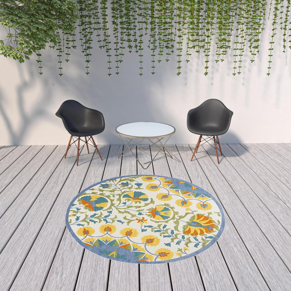 8' X 8' Blue Yellow And White Round Toile Non Skid Indoor Outdoor Area Rug. Picture 2