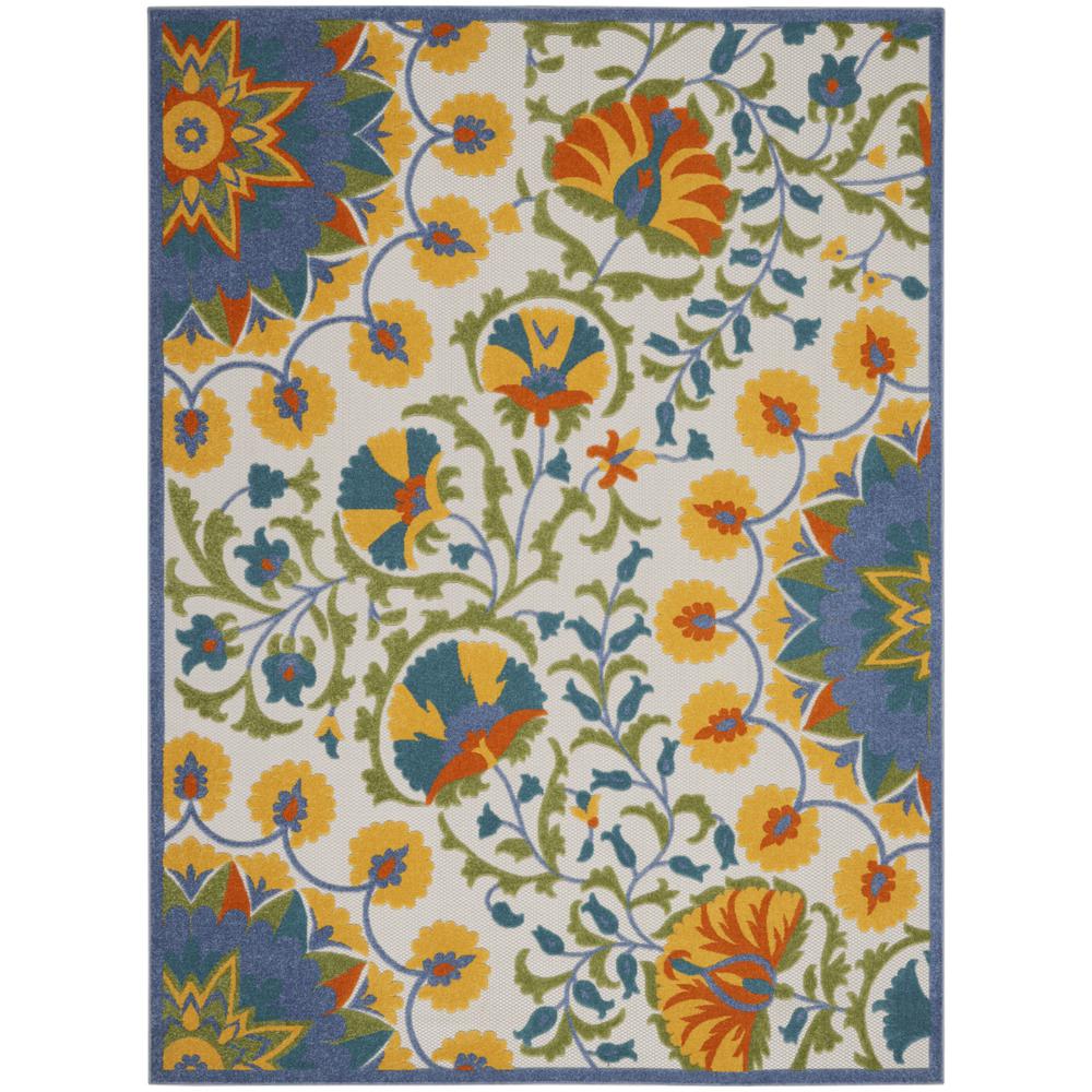 9' X 12' Blue Yellow And White Toile Non Skid Indoor Outdoor Area Rug. Picture 1