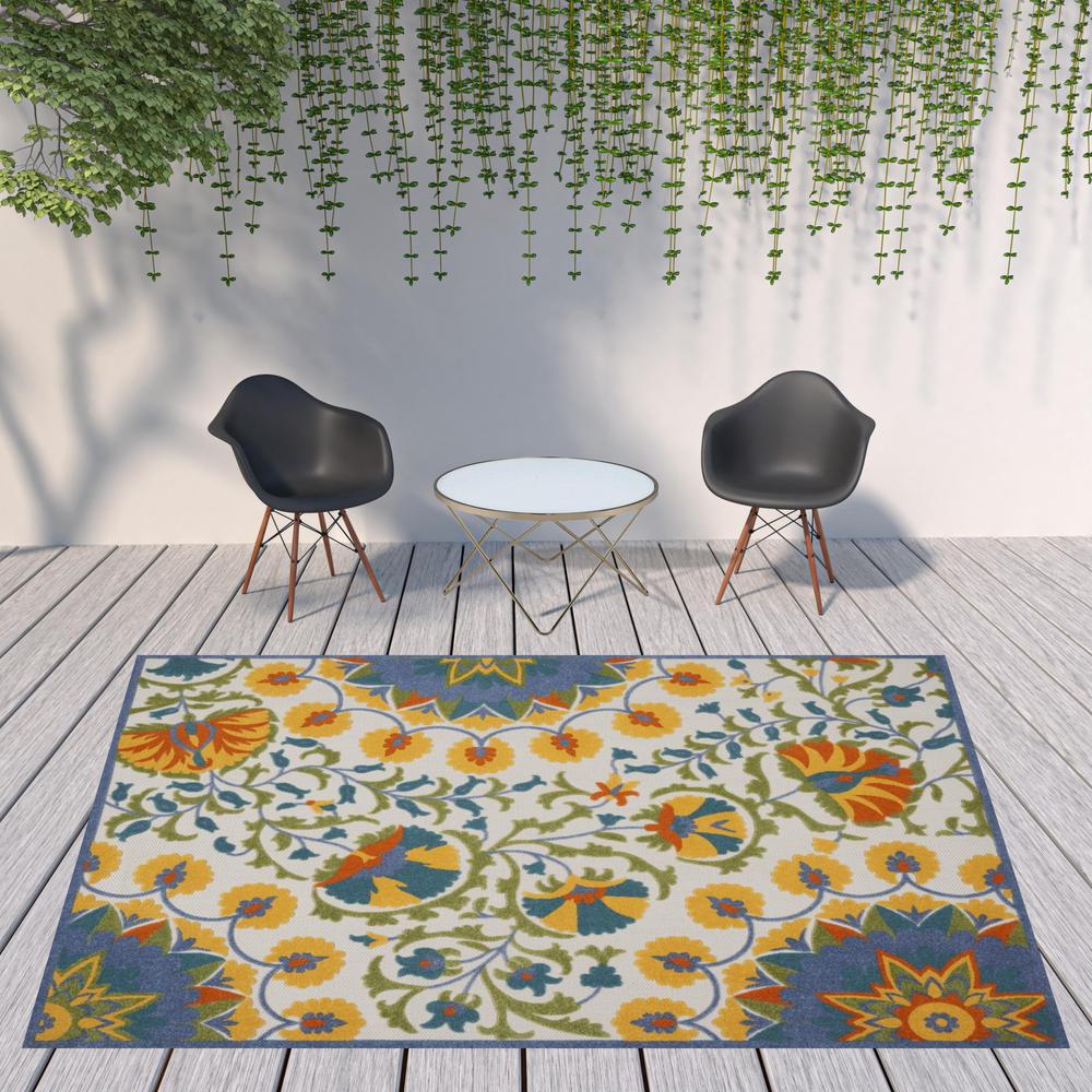 9' X 12' Blue Yellow And White Toile Non Skid Indoor Outdoor Area Rug. Picture 2