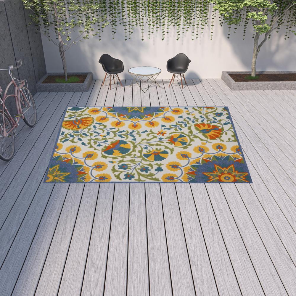 10' X 13' Blue Yellow And White Toile Non Skid Indoor Outdoor Area Rug. Picture 2