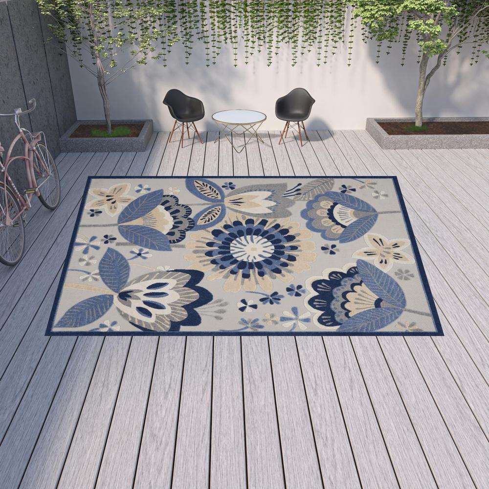 12' X 15' Blue And Grey Floral Non Skid Indoor Outdoor Area Rug. Picture 2
