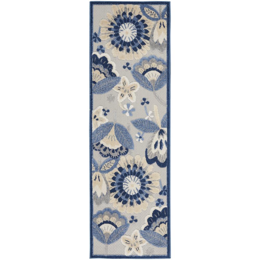 2' X 6' Blue And Grey Floral Non Skid Indoor Outdoor Runner Rug. Picture 1