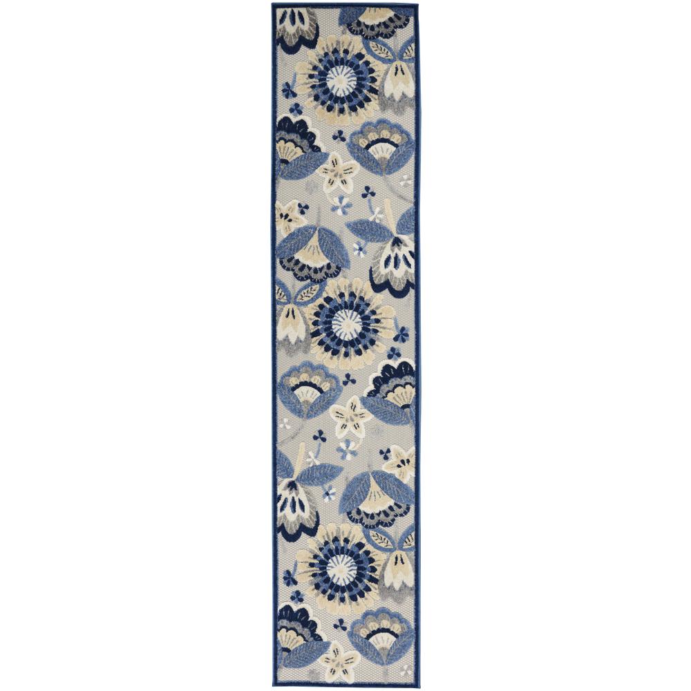 2' X 10' Blue And Grey Floral Non Skid Indoor Outdoor Runner Rug. Picture 1