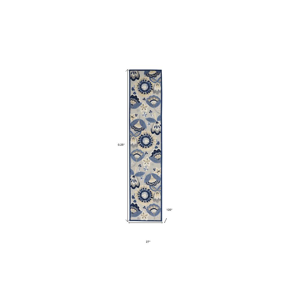 2' X 10' Blue And Grey Floral Non Skid Indoor Outdoor Runner Rug. Picture 5