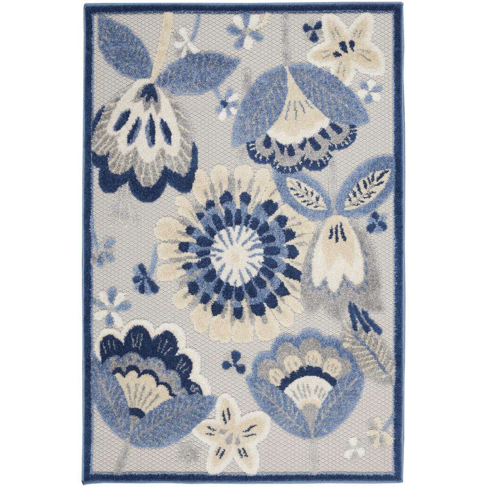 3' X 4' Blue And Grey Floral Non Skid Indoor Outdoor Area Rug. Picture 1