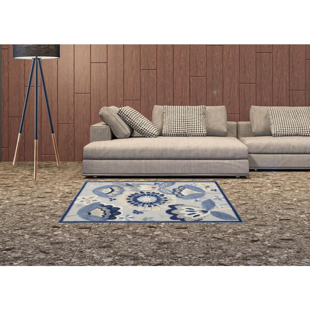 3' X 4' Blue And Grey Floral Non Skid Indoor Outdoor Area Rug. Picture 2