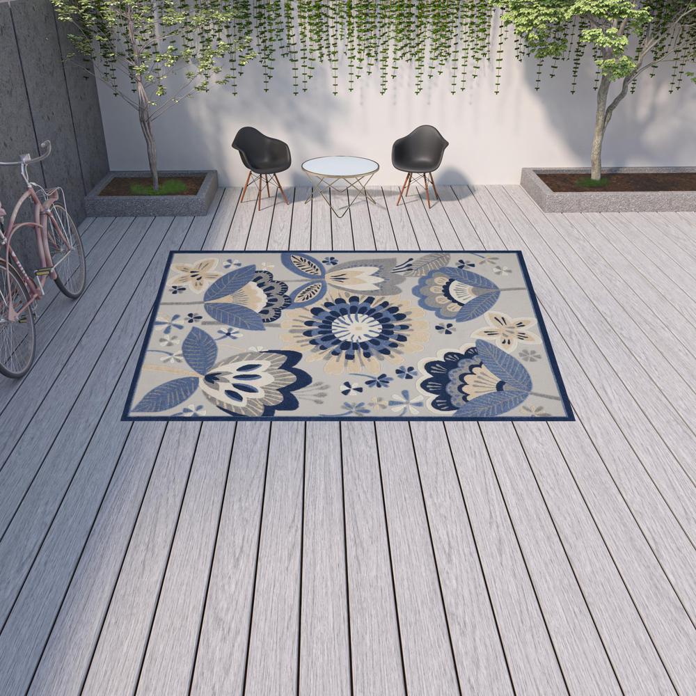 9' X 12' Blue And Grey Floral Non Skid Indoor Outdoor Area Rug. Picture 2