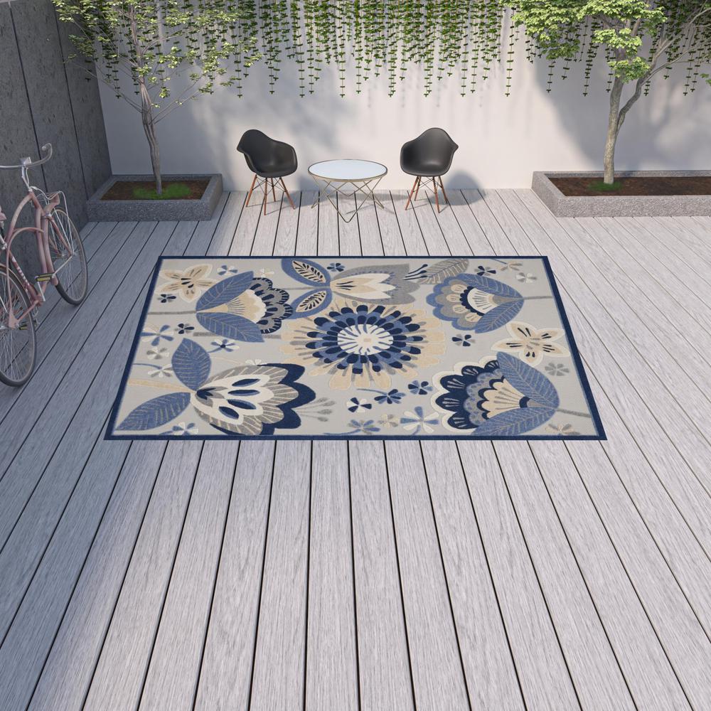 10' X 13' Blue And Grey Floral Non Skid Indoor Outdoor Area Rug. Picture 2