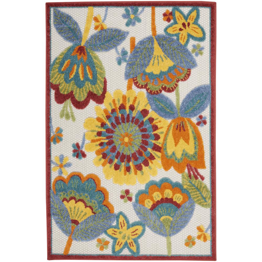 3' X 4' Yellow And Teal Floral Non Skid Indoor Outdoor Area Rug. Picture 1