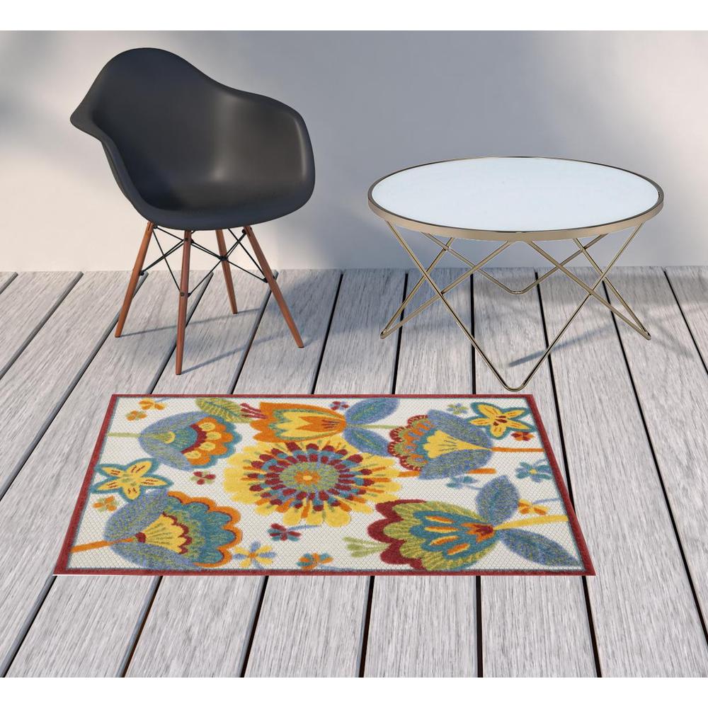 3' X 4' Yellow And Teal Floral Non Skid Indoor Outdoor Area Rug. Picture 2