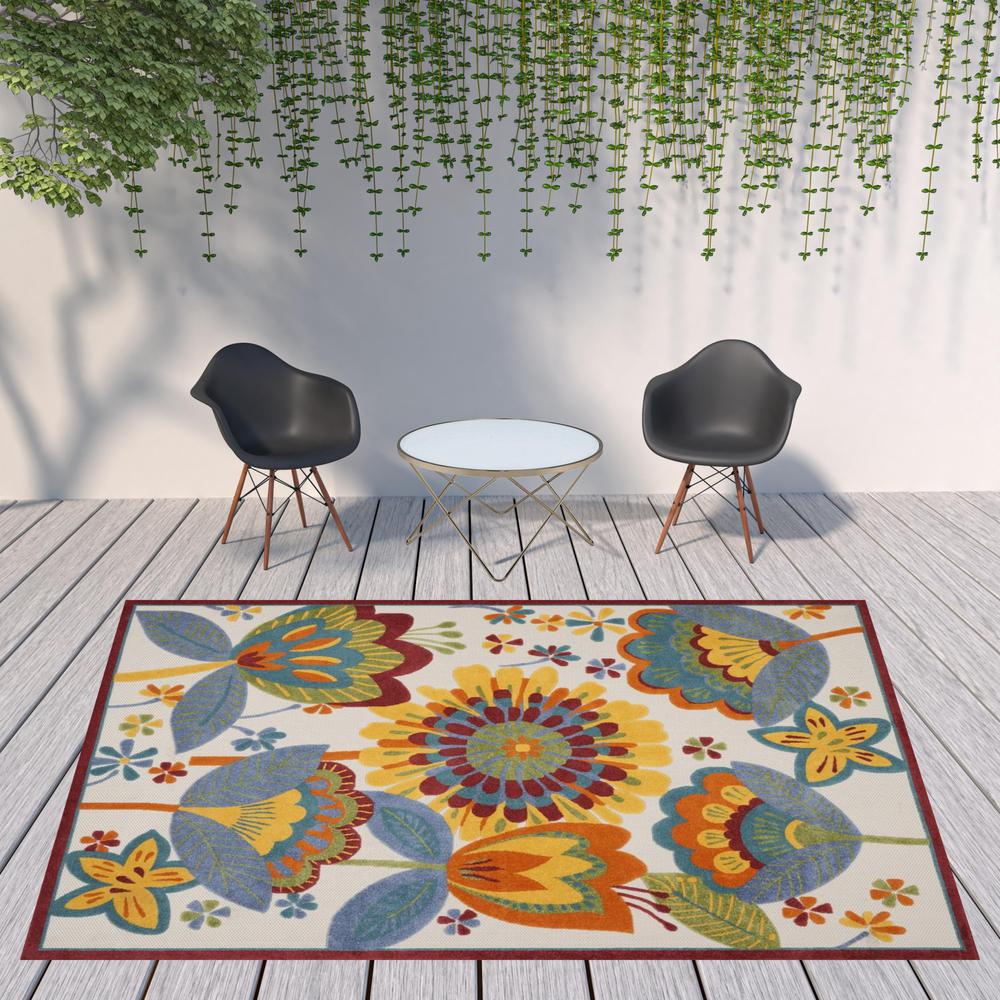 9' X 12' White Yellow And Blue Floral Non Skid Indoor Outdoor Area Rug. Picture 2