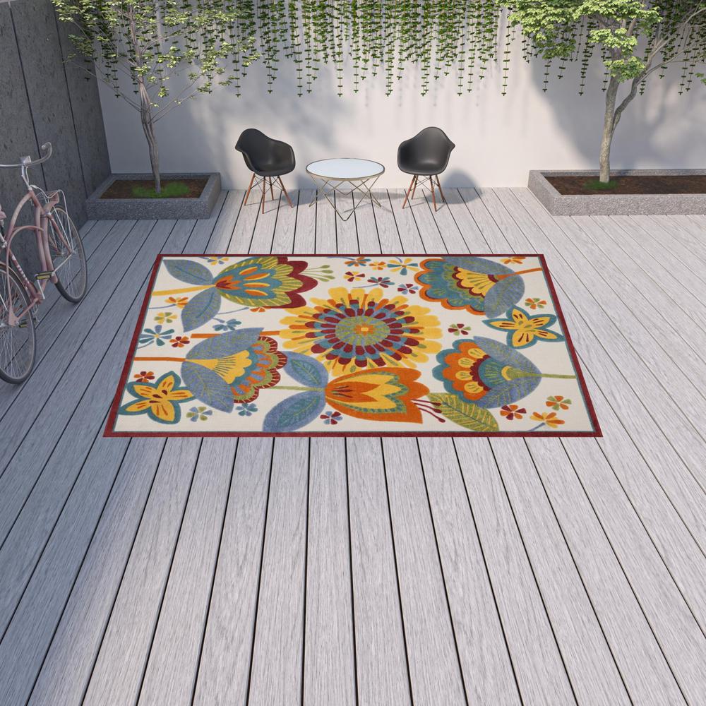 10' X 13' White Yellow And Blue Floral Non Skid Indoor Outdoor Area Rug. Picture 2