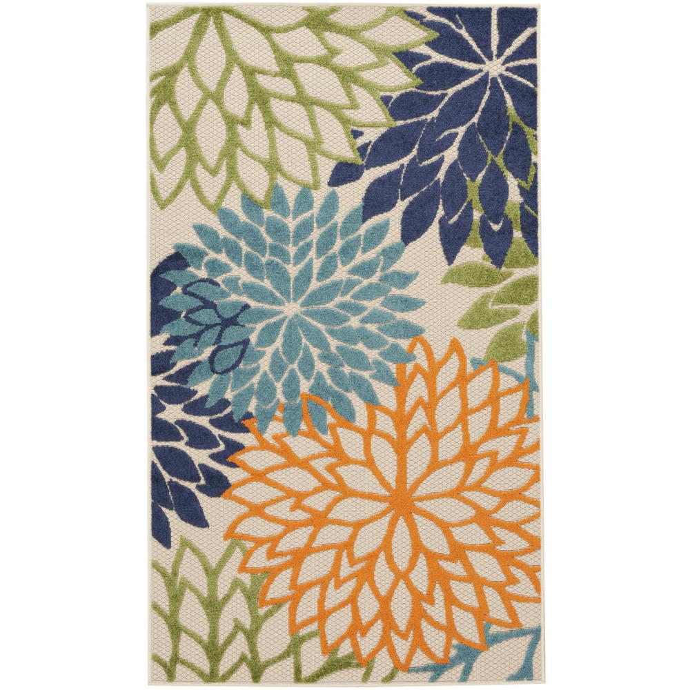 3' X 5' Cream And Blue Floral Non Skid Indoor Outdoor Area Rug. Picture 1