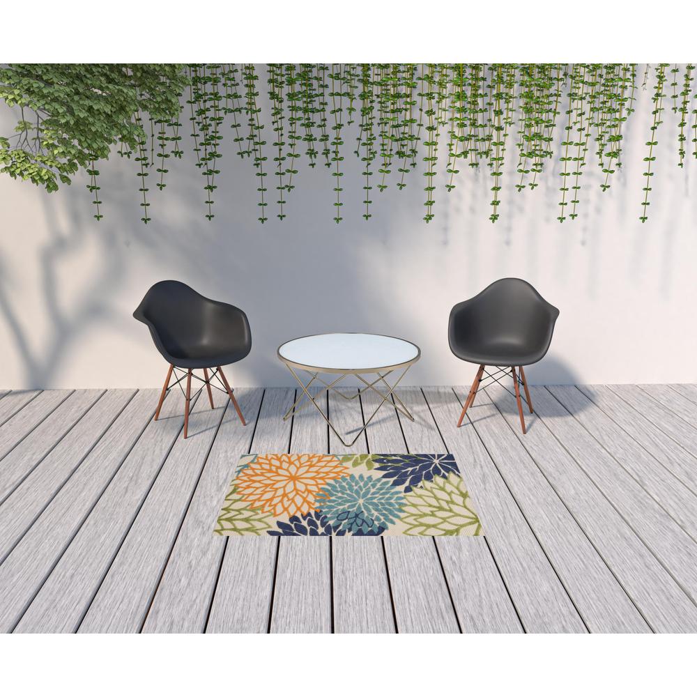 3' X 5' Cream And Blue Floral Non Skid Indoor Outdoor Area Rug. Picture 2
