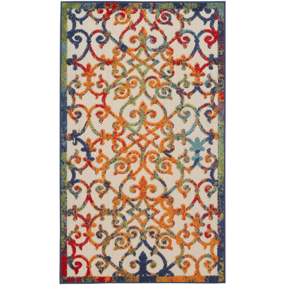 3' X 5' Orange Blue And Green Damask Non Skid Indoor Outdoor Area Rug. Picture 1