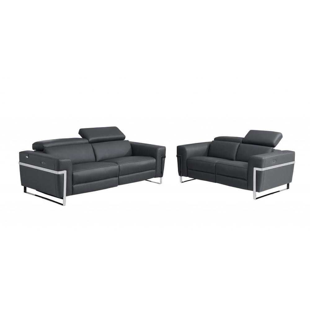 Two Piece Indoor Dark Gray Italian Leather Five Person Seating Set. Picture 1