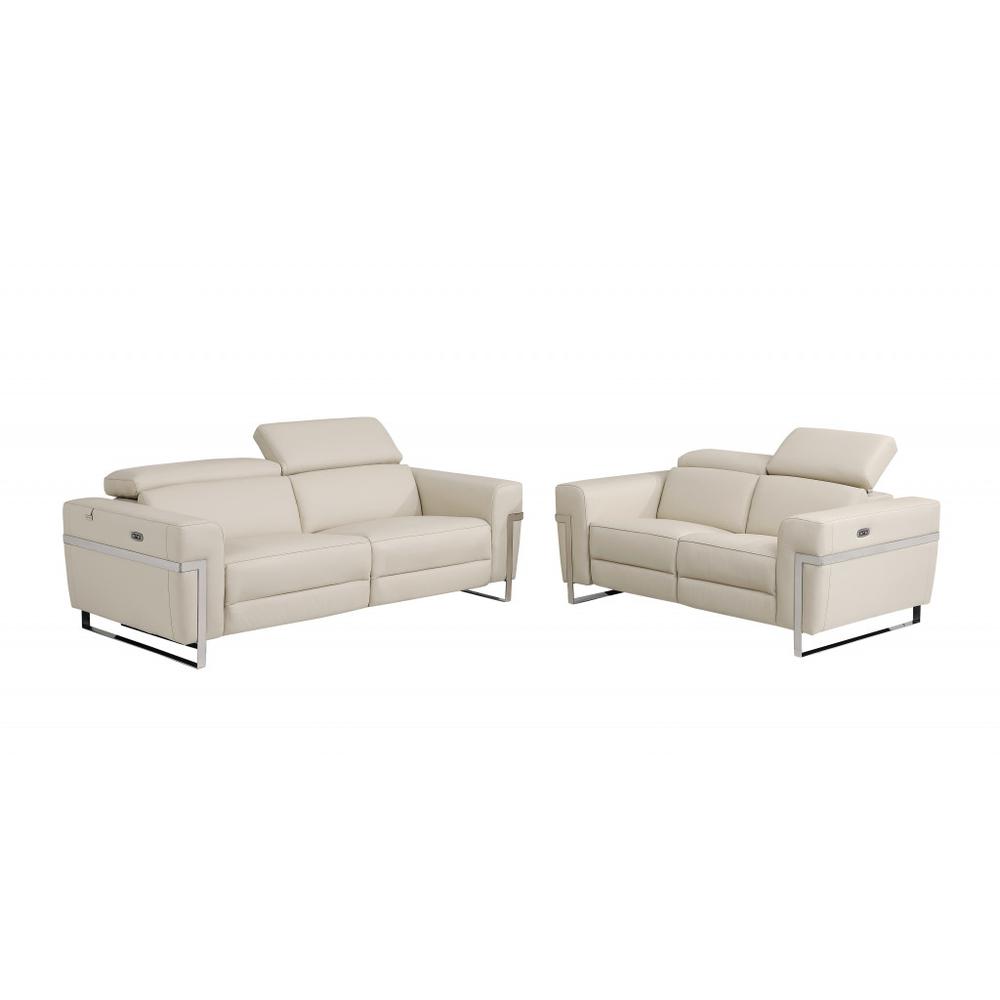 Two Piece Indoor Beige Italian Leather Five Person Seating Set. Picture 1