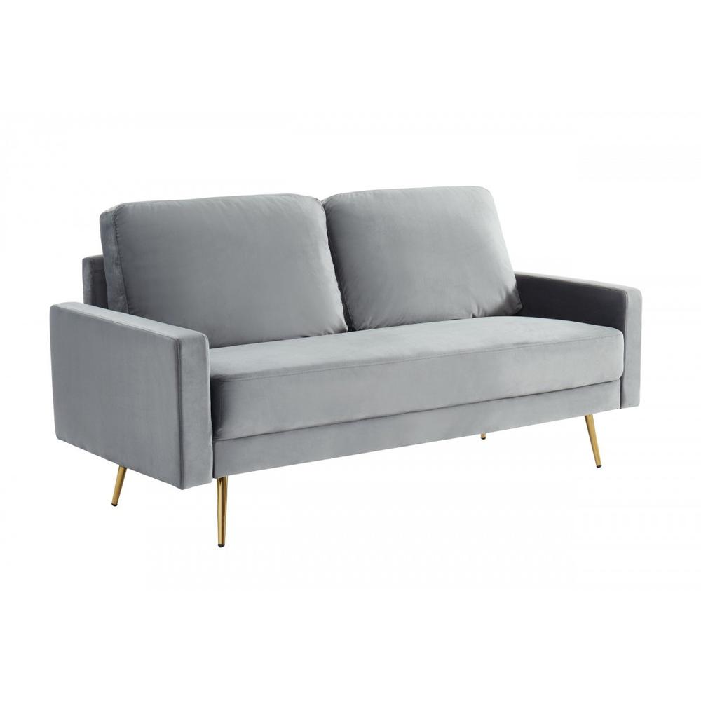 72" Grey Velvet And Brass Sofa. Picture 1