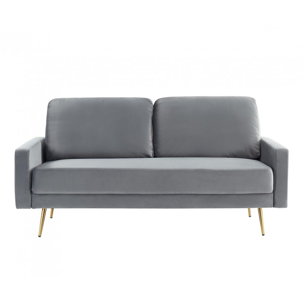 72" Grey Velvet And Brass Sofa. Picture 2