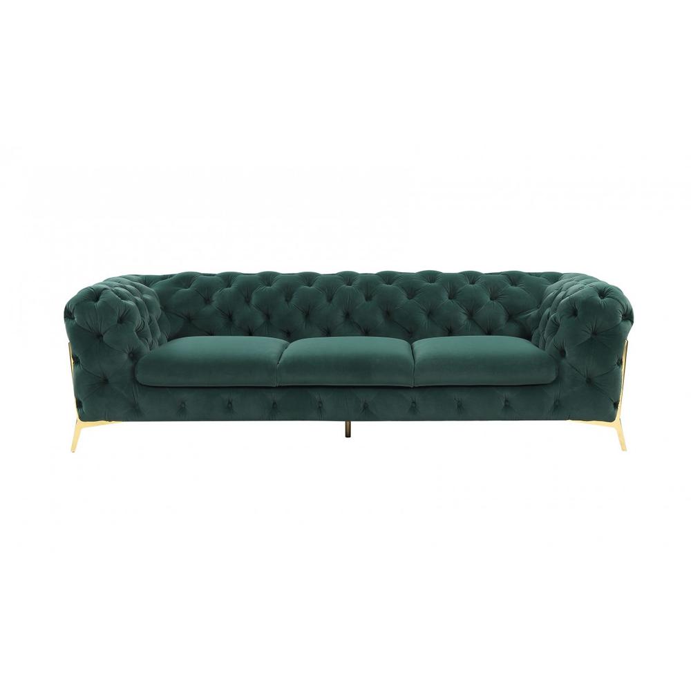 Glam 97" Green Velvet And Gold Accent Sofa. Picture 2