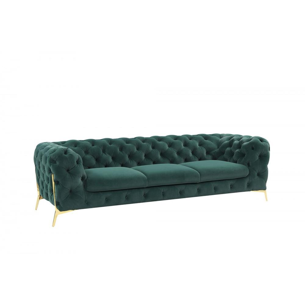 Glam 97" Green Velvet And Gold Accent Sofa. Picture 1