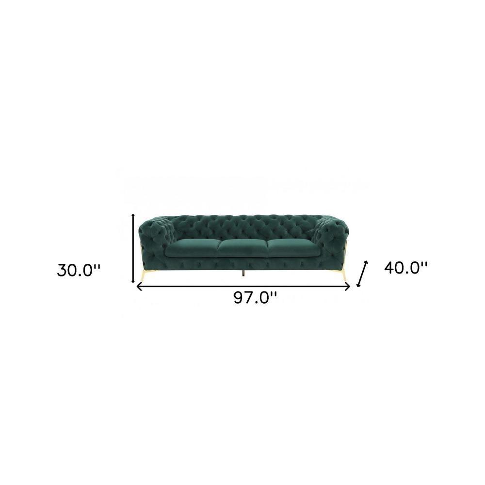 Glam 97" Green Velvet And Gold Accent Sofa. Picture 5