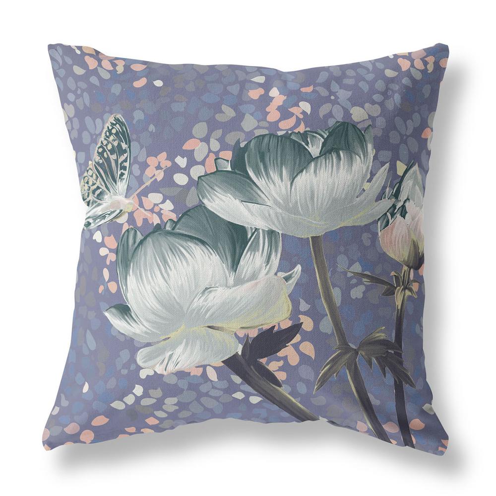 18" x 18" Blue and Gray Butterfly Blown Seam Floral Indoor Outdoor Throw Pillow. Picture 1