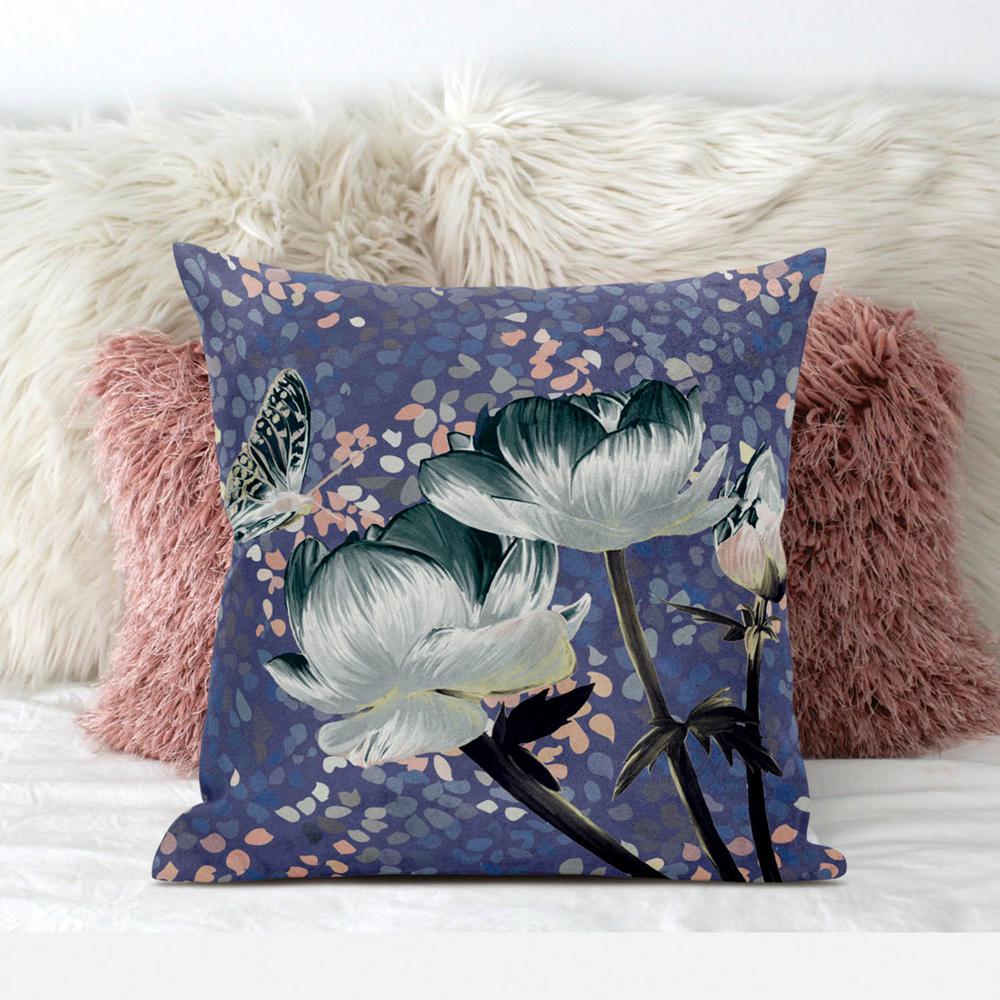 18" x 18" Blue and Gray Butterfly Blown Seam Floral Indoor Outdoor Throw Pillow. Picture 3