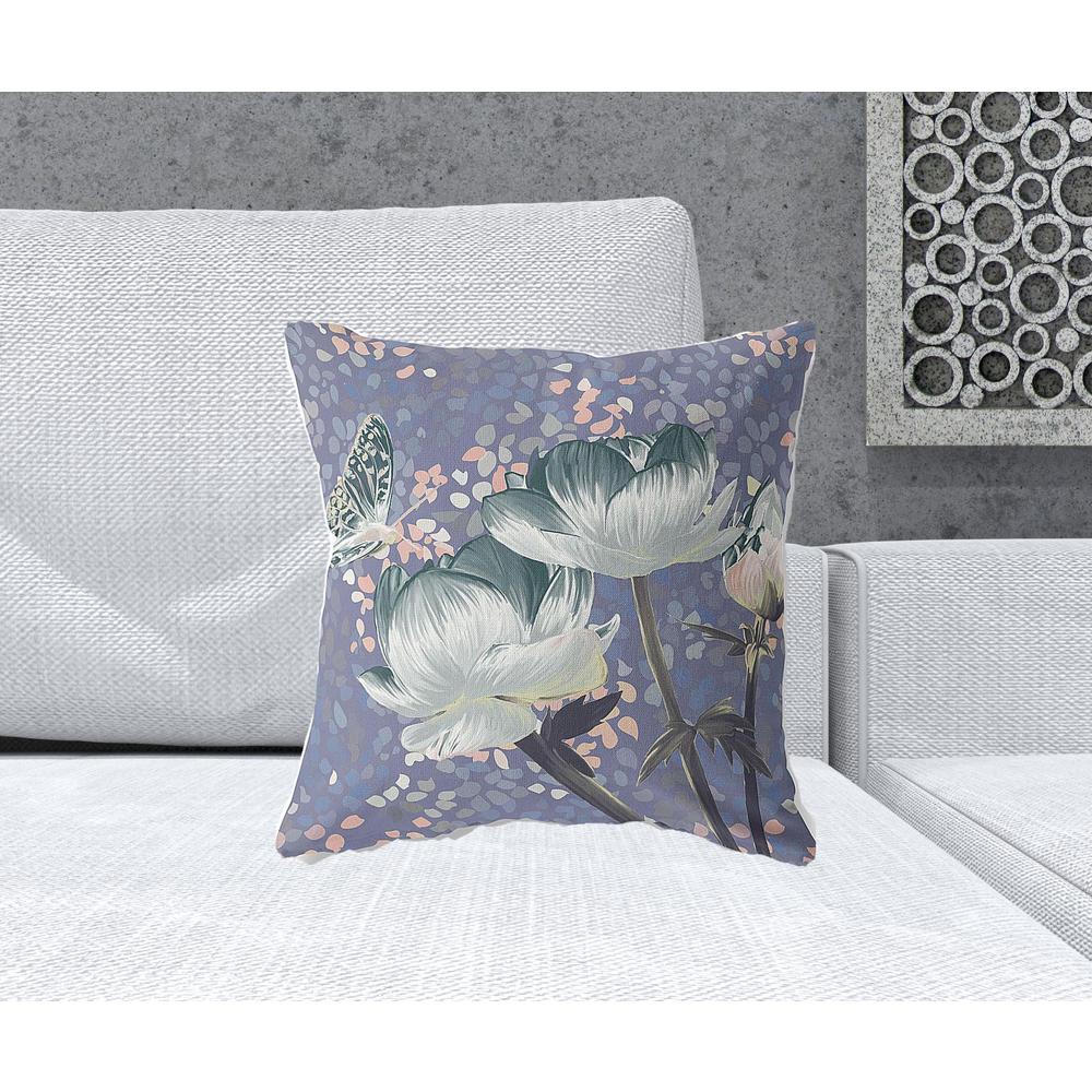 18" x 18" Blue and Gray Butterfly Blown Seam Floral Indoor Outdoor Throw Pillow. Picture 2