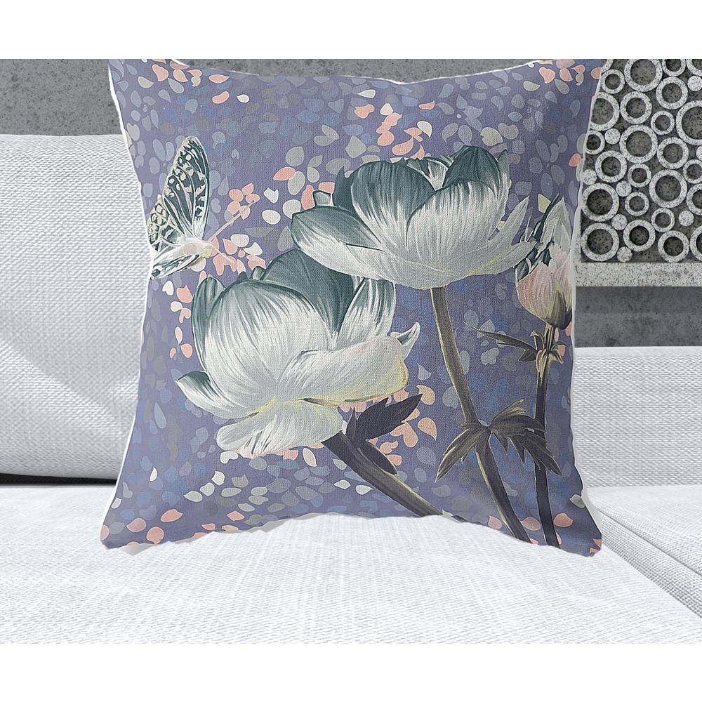 26" x 26" Blue and Gray Butterfly Blown Seam Floral Indoor Outdoor Throw Pillow. Picture 2