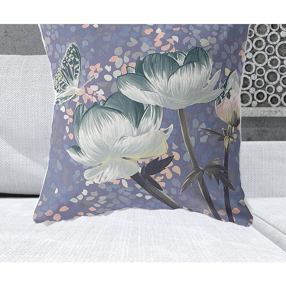 28" x 28" Blue and Gray Butterfly Blown Seam Floral Indoor Outdoor Throw Pillow. Picture 2